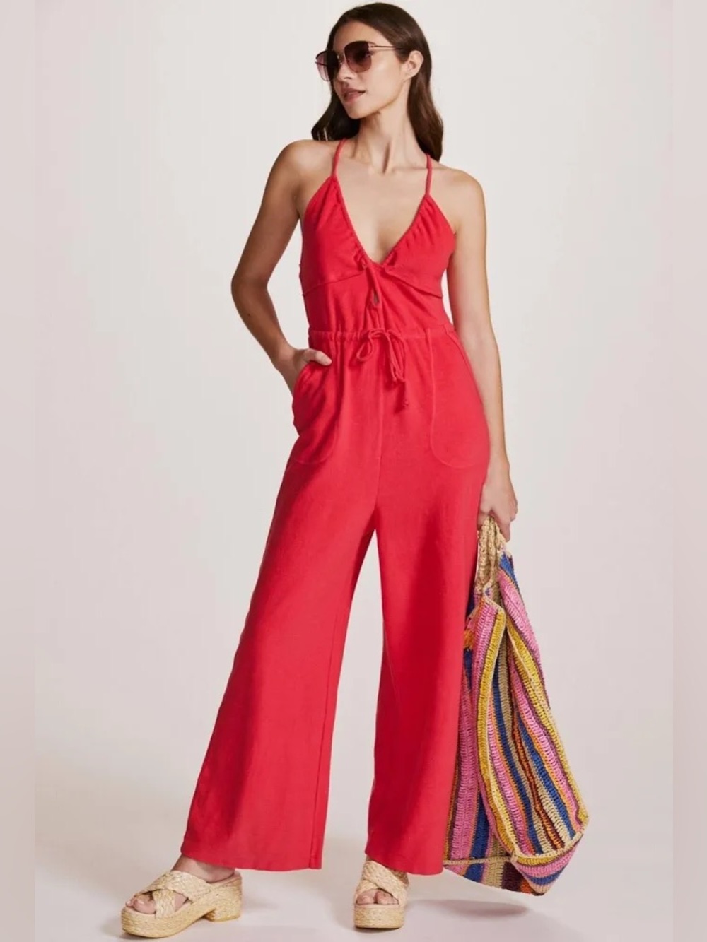Anthropologie Daily Practice Kit Kat Isle Knit Keyhole Wide Leg Jumpsuit Pink